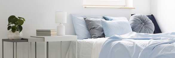 bed-with-blue-bedding-and-cushions-standing-next-to-white-tables-with-books,-lamp-and-plant-in-bedroom-interior